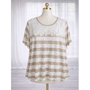 Alfred Dunner 3X Popover Top Crochet Beachy Starfish Pattern Tan White Stripe
